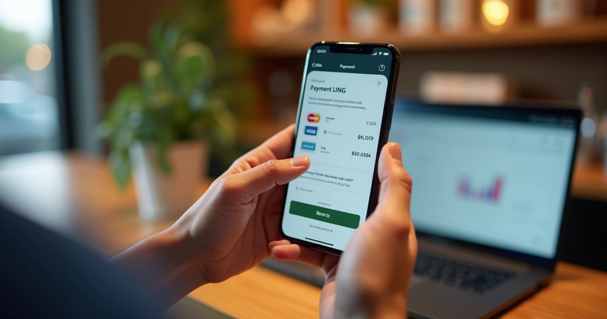Empreendedor mostrando link de pagamento no celular para cliente em ambiente de loja moderna 