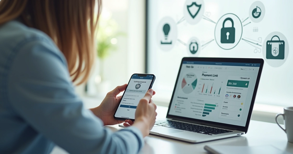 Empreendedor digital usando link de pagamento no celular integrado ao notebook com painel de vendas online 