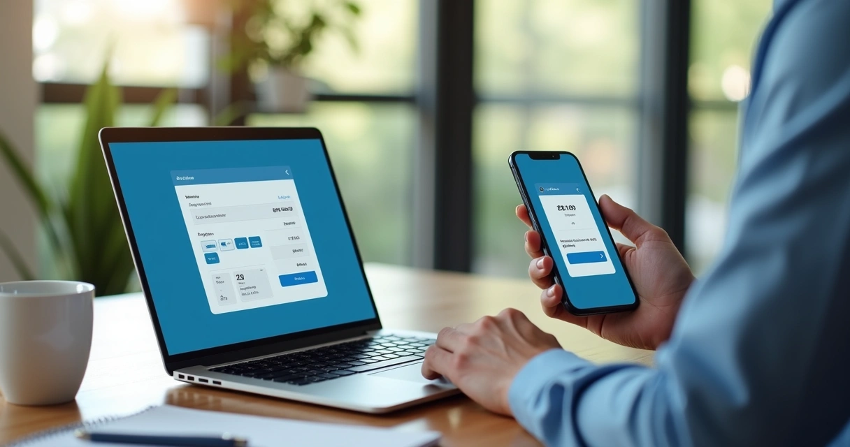 Empreendedor conferindo pagamento online em notebook e celular com tela de checkout 