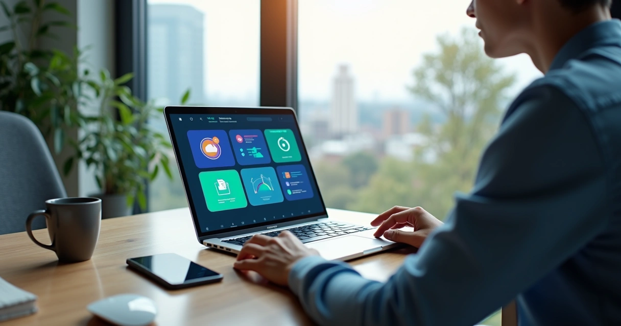 Empreendedor usando notebook com vários ícones de ferramentas SaaS na tela 