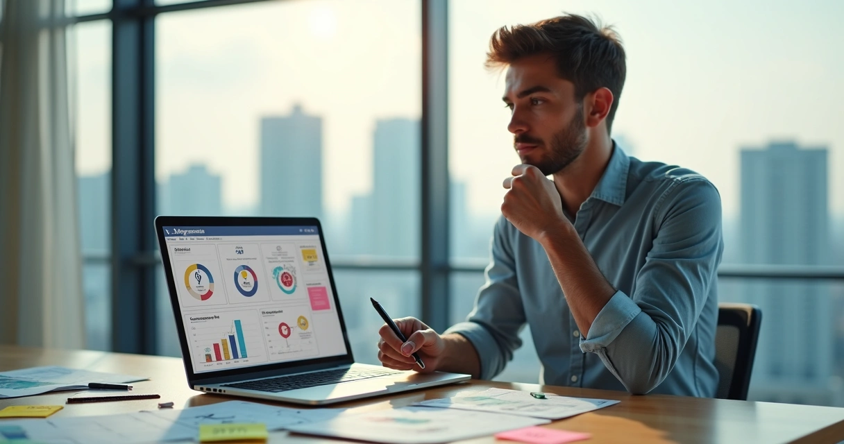 Empreendedor analisando ideia de negócio em laptop com post-its e gráficos na mesa 