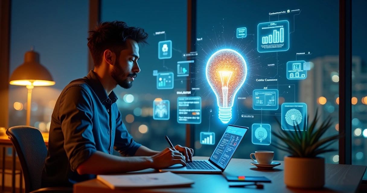 Empreendedor analisando painel digital com inúmeras ideias de negócio 