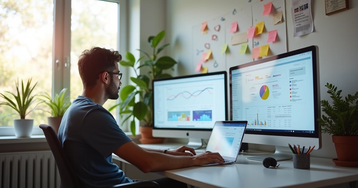 Empreendedor analisando métricas em monitores de computador
