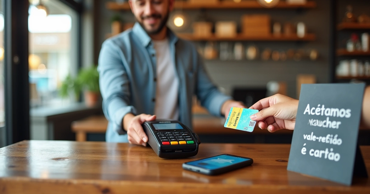 Empreendedora recebendo pagamento com voucher em maquininha no balcão da loja 
