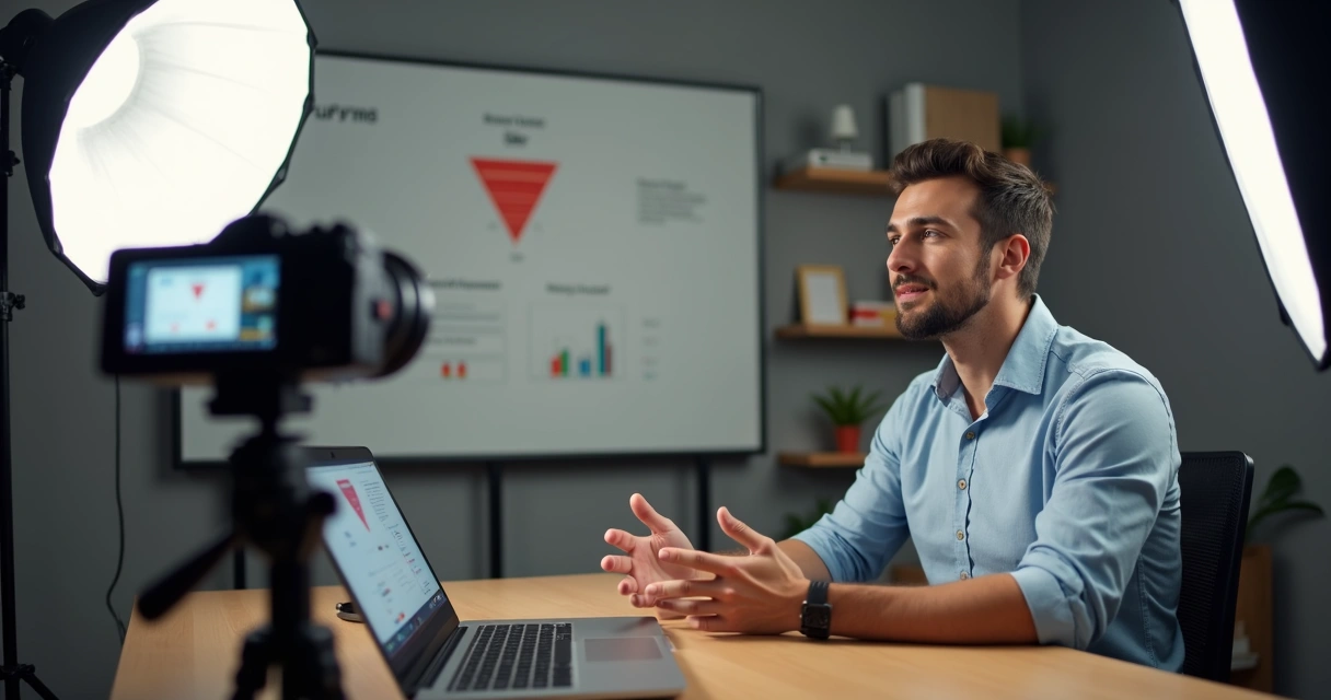 Empresário grava vídeo B2B profissional para YouTube em estúdio simples 