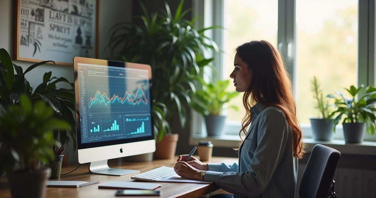 Empreendedora analisando gráficos na tela do computador