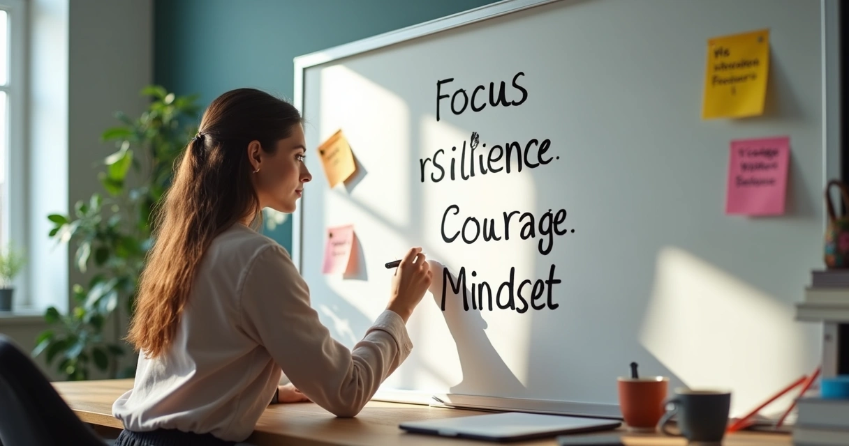 Empreendedora escrevendo em quadro com palavras relacionadas a mentalidade 