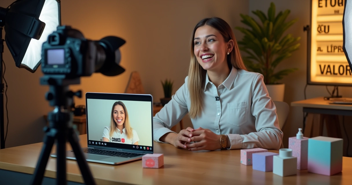 Empreendedora brasileira apresentando produto em transmissão ao vivo no computador 
