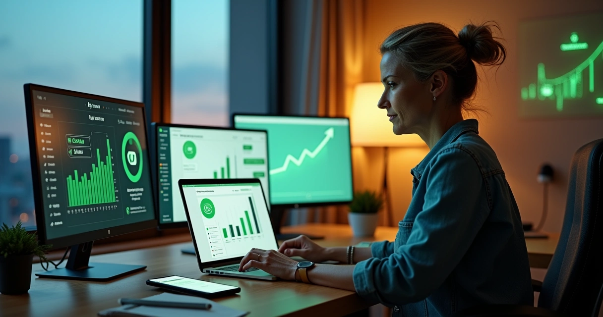 Empreendedora analisando painel com vendas e chatbot integrado ao WhatsApp em notebook 