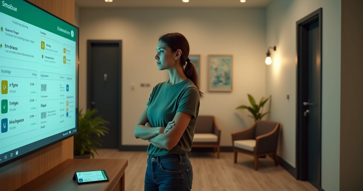 Empreendedora vendo cobranças automáticas em tela grande com WhatsApp e boletos 