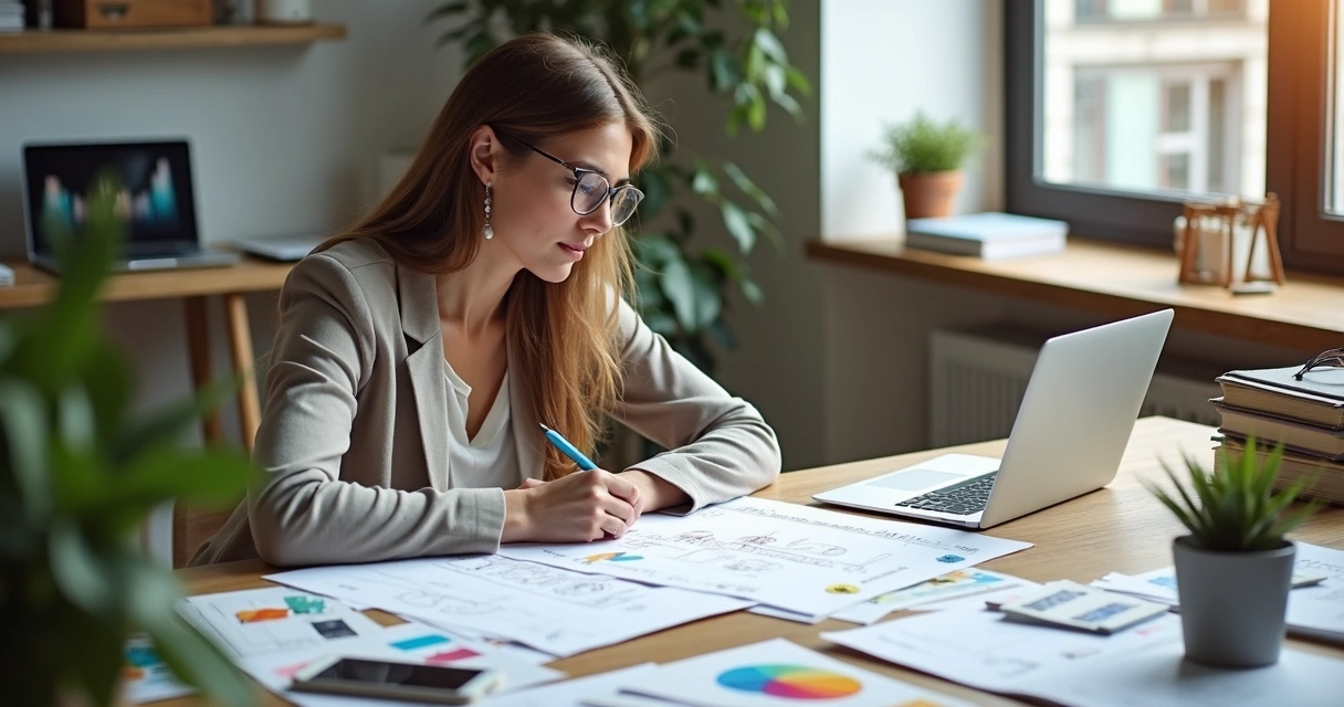 Mulher empreendedora analisando briefing detalhado em estúdio moderno com materiais de design e laptop à frente 
