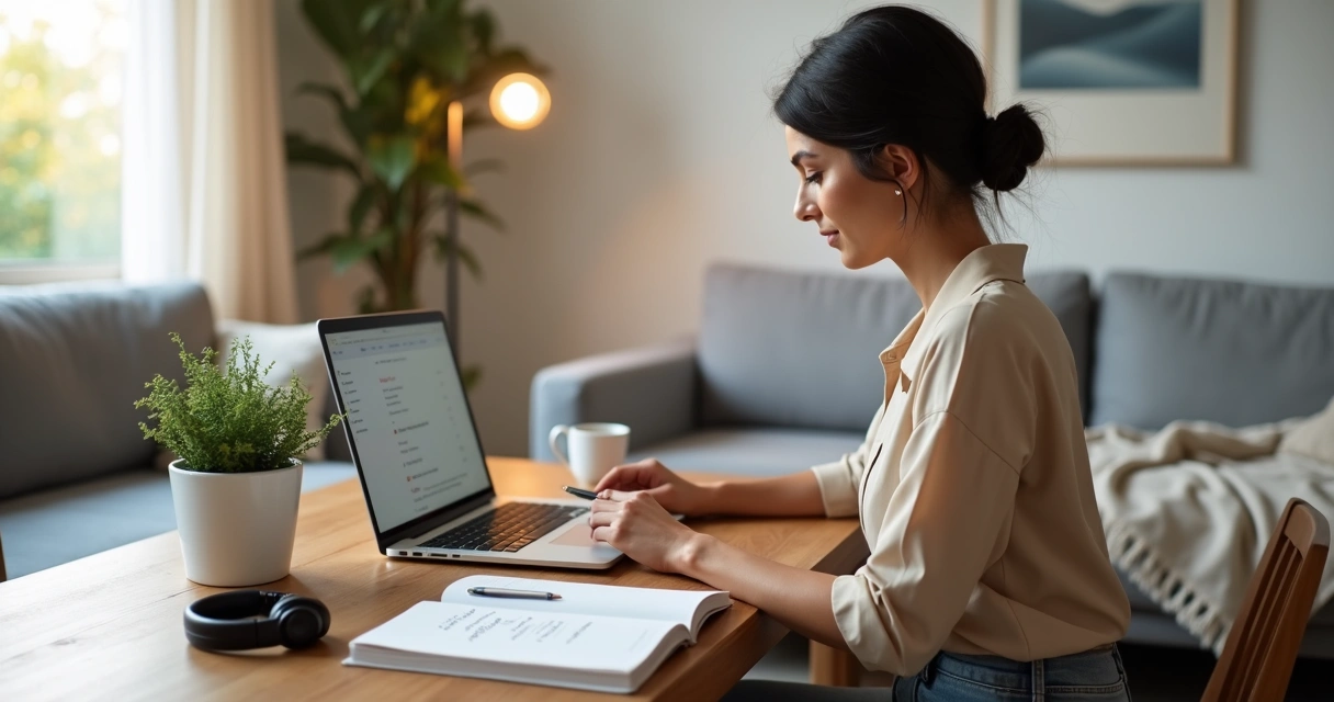 Mulher empreendedora em home office praticando gestão emocional com laptop e caderno 