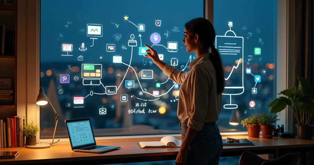 Empreendedora escolhe poucos canais digitais em grande painel cheio de opções 