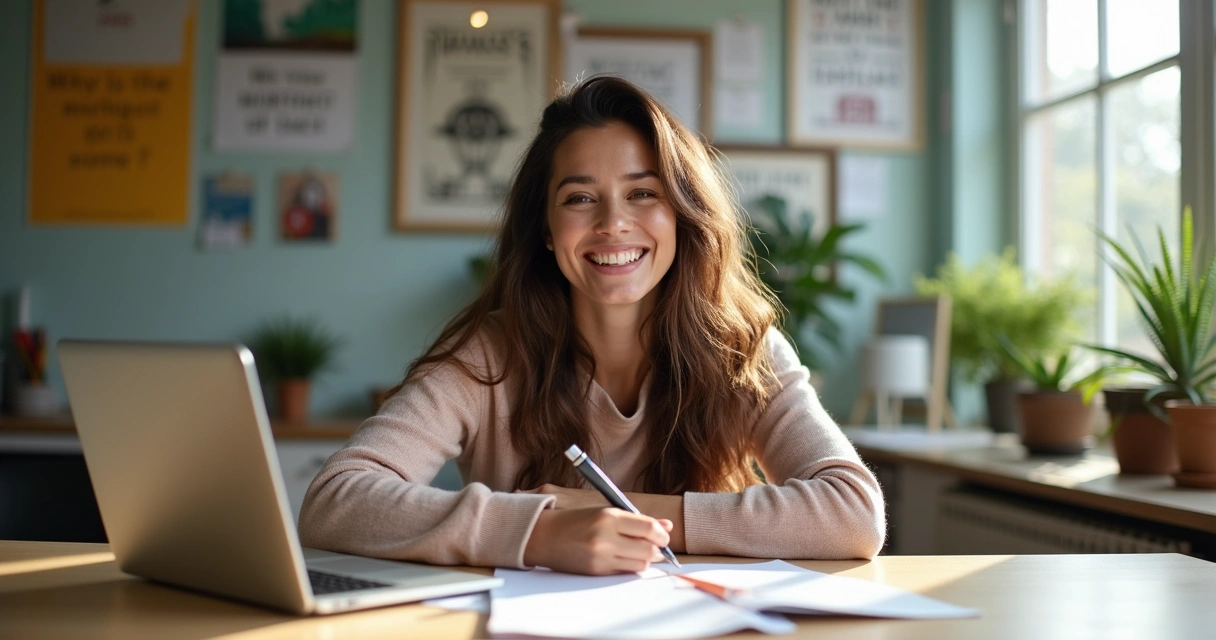 Mulher sorrindo satisfeita com anotações e computador em mesa
