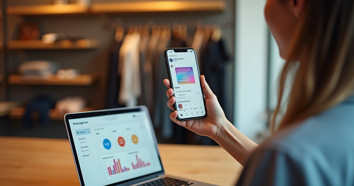 Empreendedora grava stories no Instagram dentro de pequena loja enquanto olha métricas de vendas em notebook 