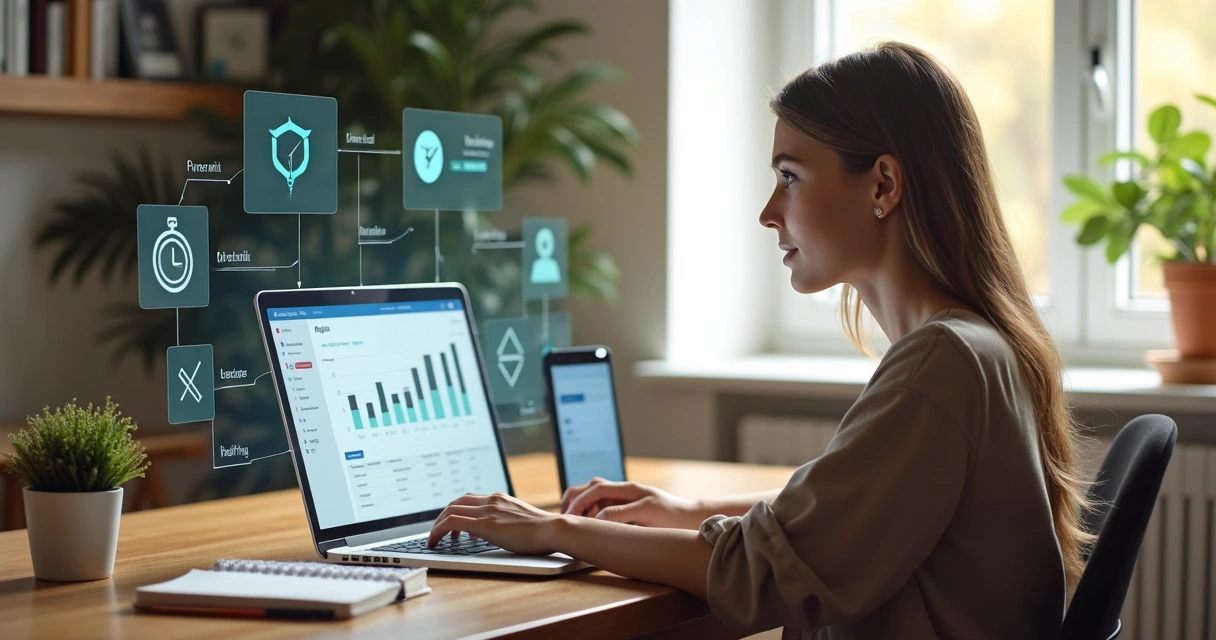 Empreendedora usa laptop cercada por ícones de automação e vendas em escritório moderno 