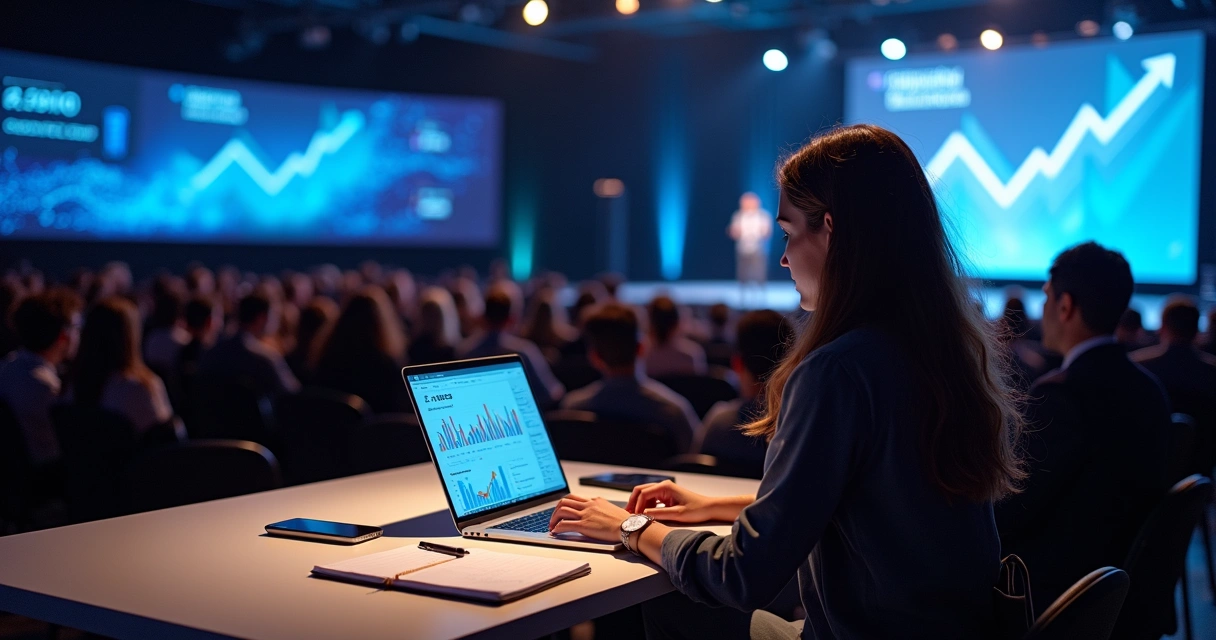 Mulher empreendedora usando notebook com projeções de IA em conferência de marketing 