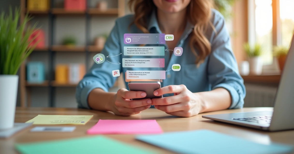 Empreendedora usando o celular com tela de Instagram exibindo mensagens automáticas em ambiente criativo 