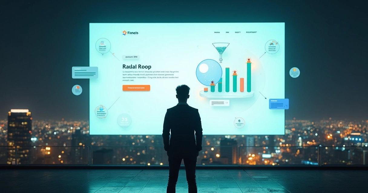 Empreendedora analisando funil de leads acima de uma landing page em tela gigante 