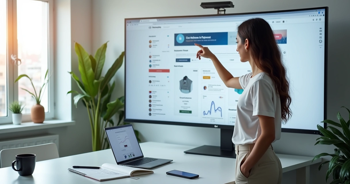 Empreendedora ajustando vitrine de loja virtual em tela grande 