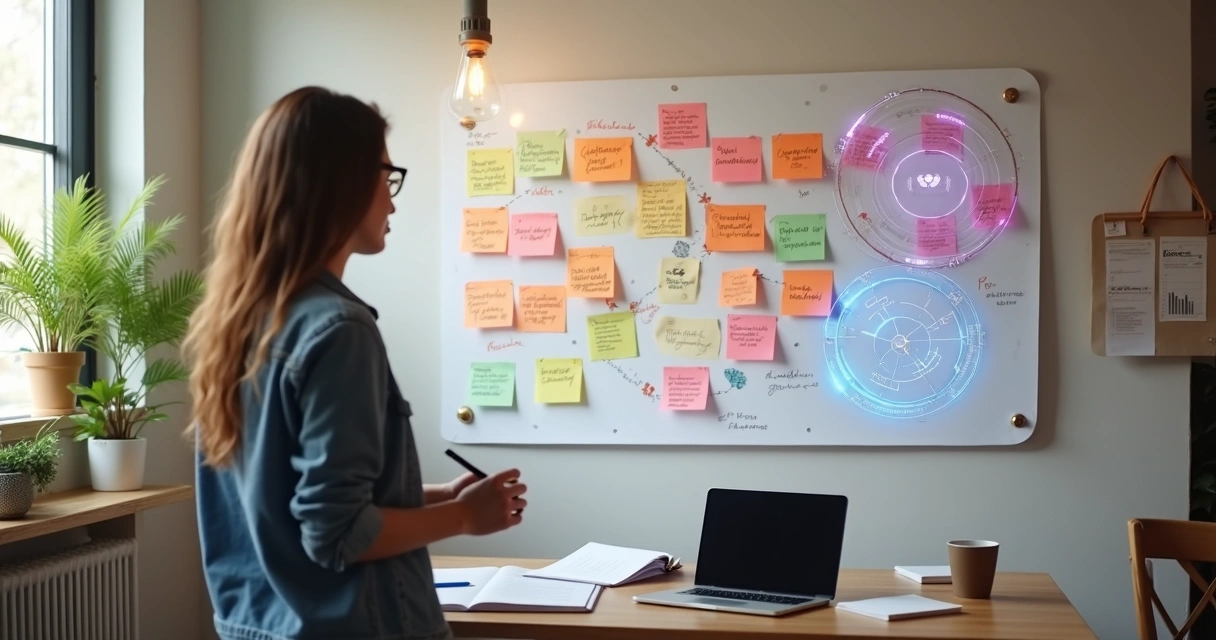 Empreendedora analisa mural de problemas de clientes com apoio de IA 