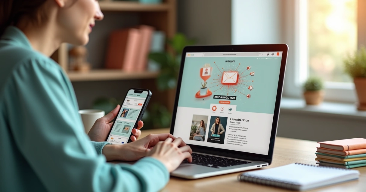 Mulher empreendedora trabalhando em marketing de afiliados por e-mail em um notebook 