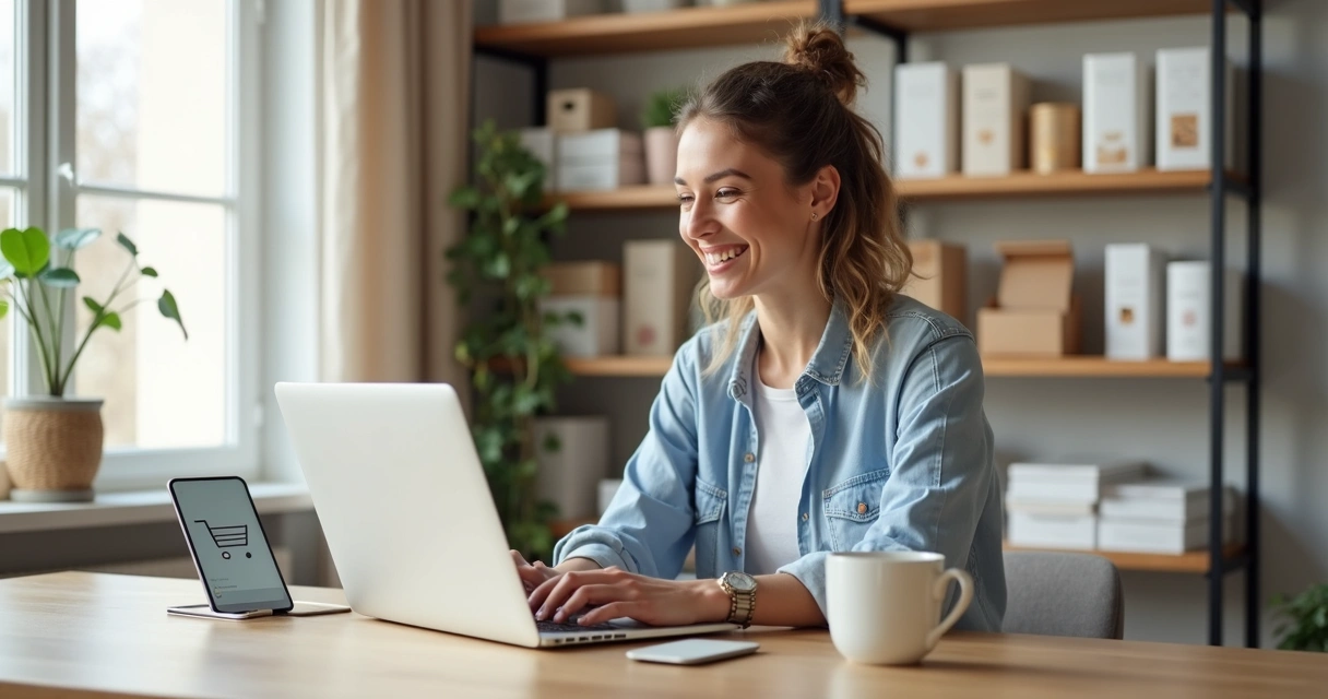 Mulher sorrindo em frente ao notebook em loja virtual 