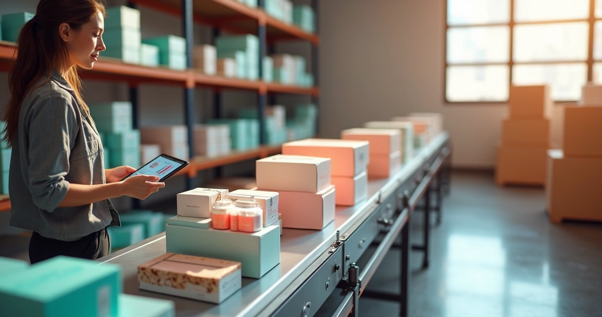 Empreendedora organizando produtos de assinatura com marca própria em esteira automática 