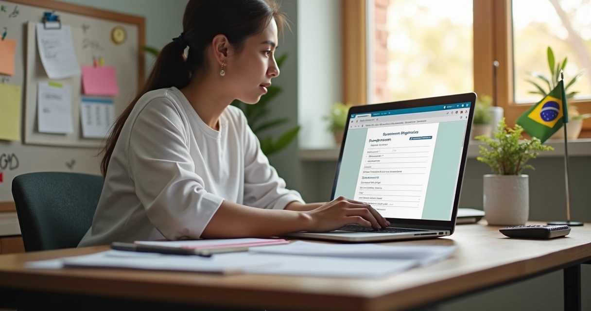 Empreendedora na mesa com notebook preenchendo cadastro empresarial online 