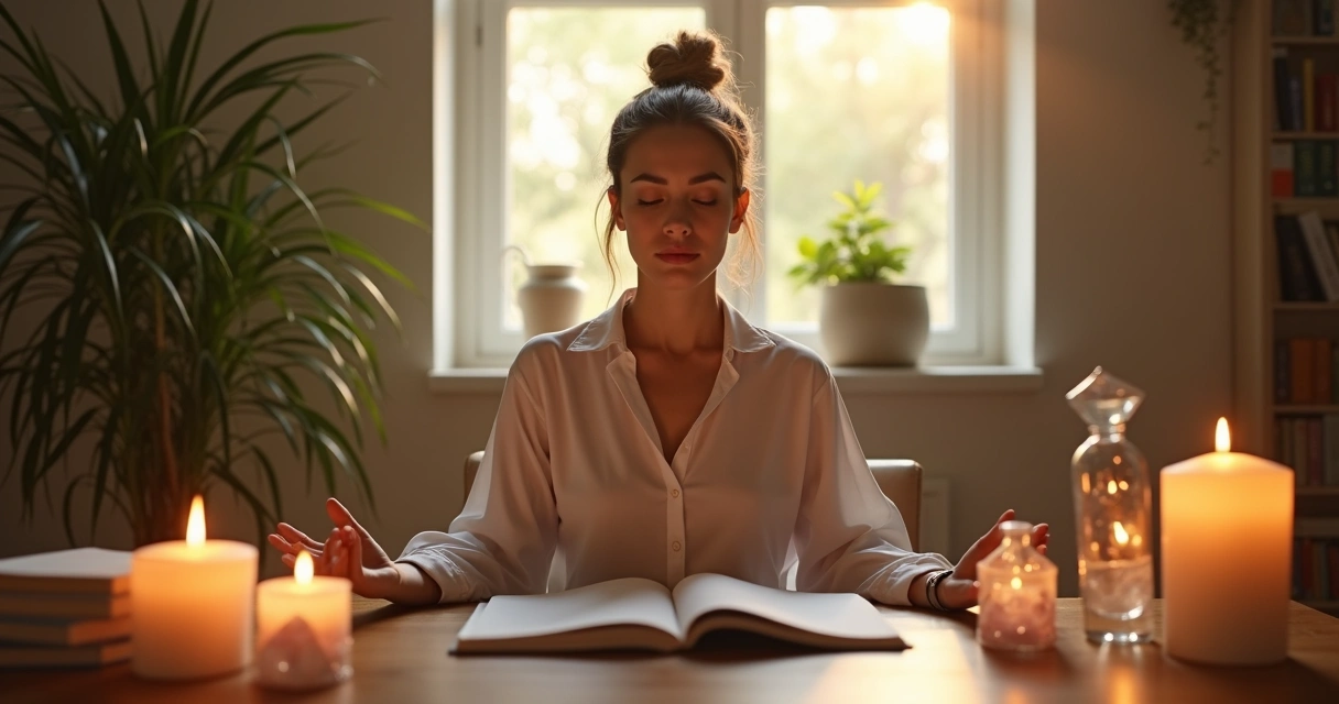 Jovem empreendedora de olhos fechados meditando, cercada por velas acessas e cristais em seu escritório 
