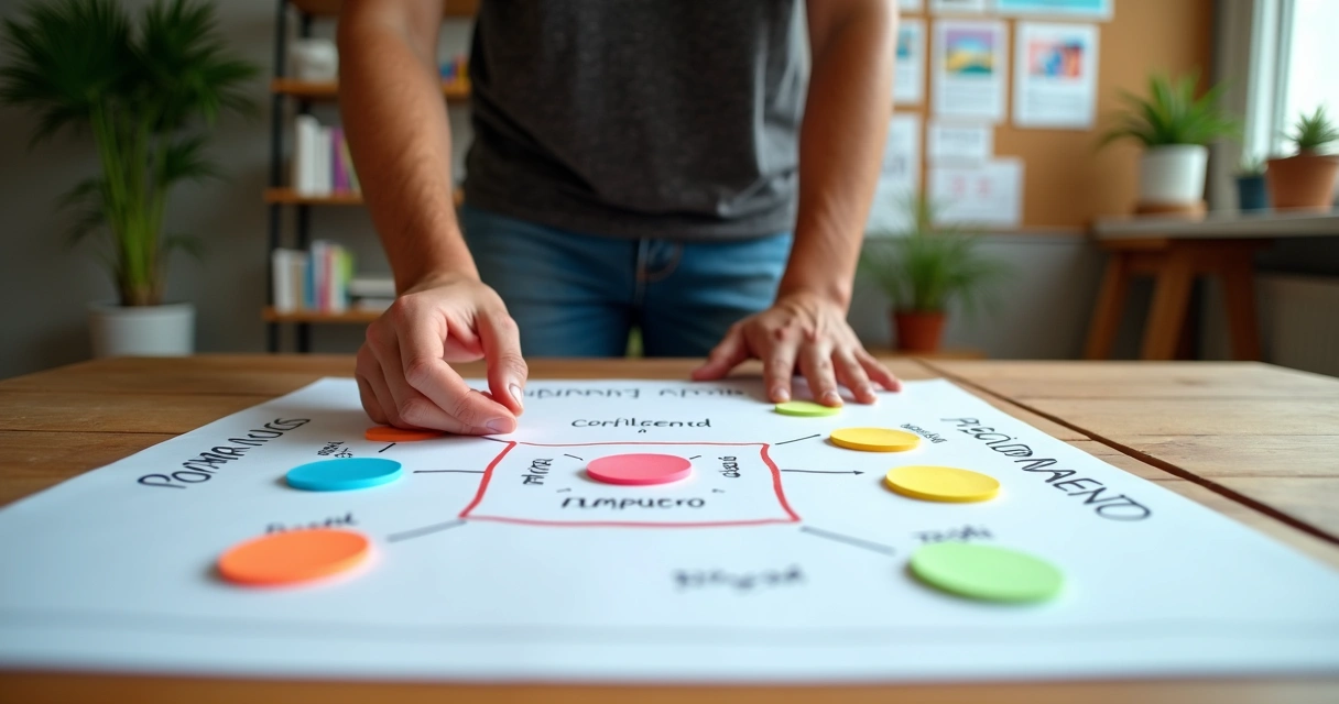 Empreendedora organizando peças coloridas de marca em um tabuleiro estratégico 