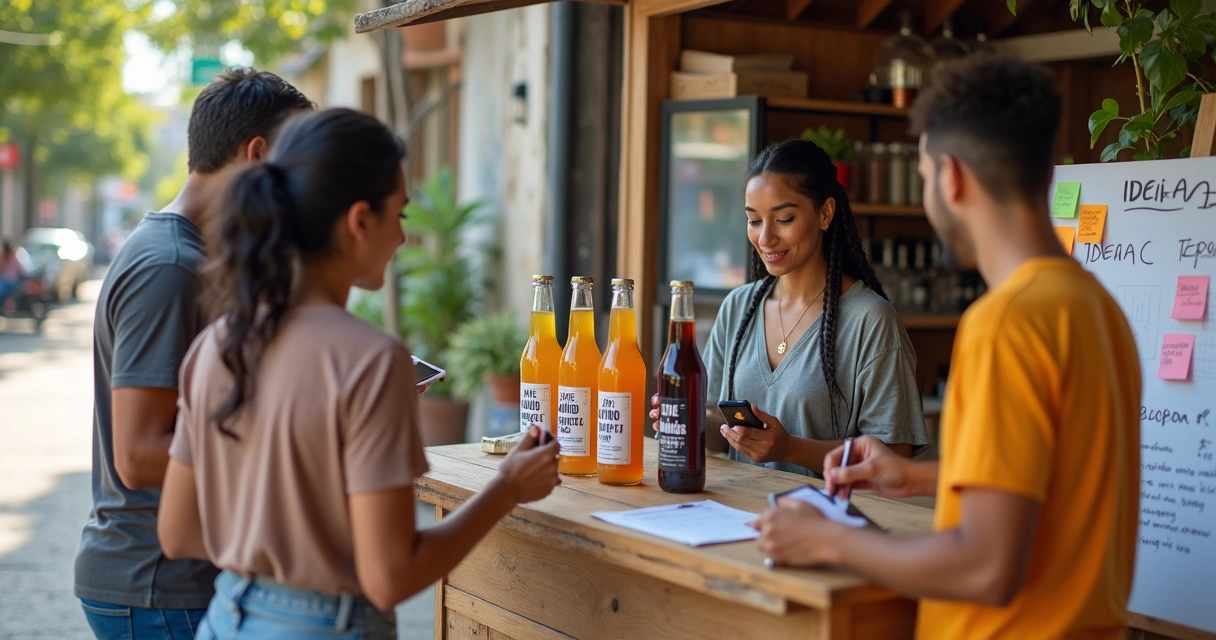 Empreendedora brasileira testando ideia de produto em pequena loja pop up com consumidores observando 