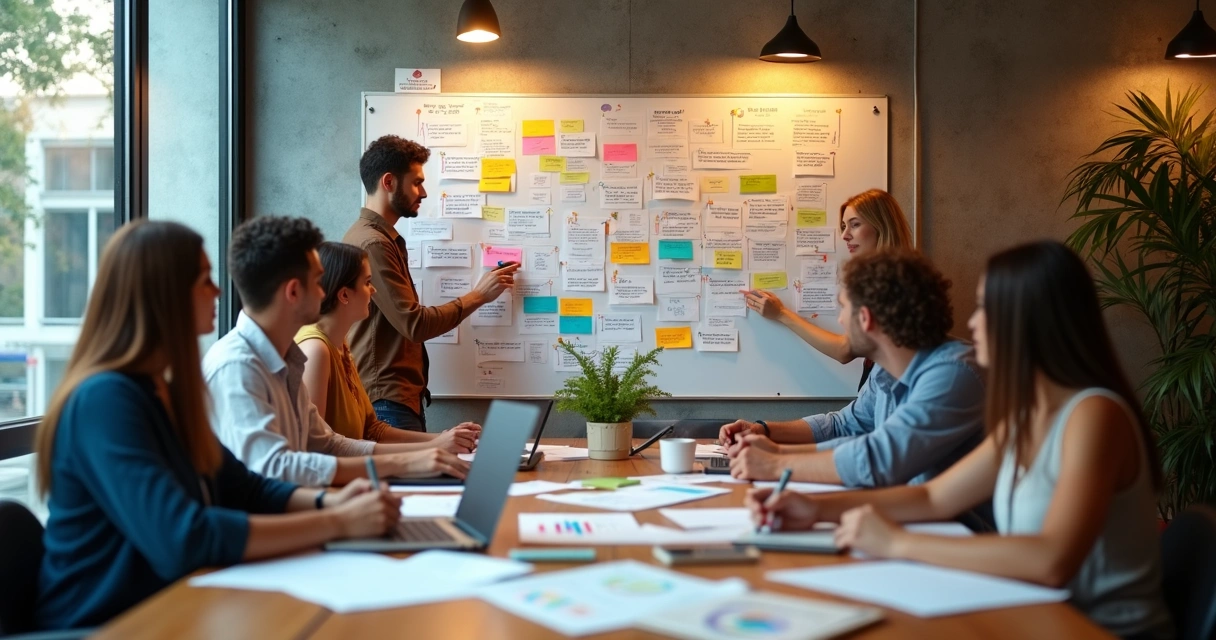 Empreendedores analisando depoimentos impressos em parede colorida 