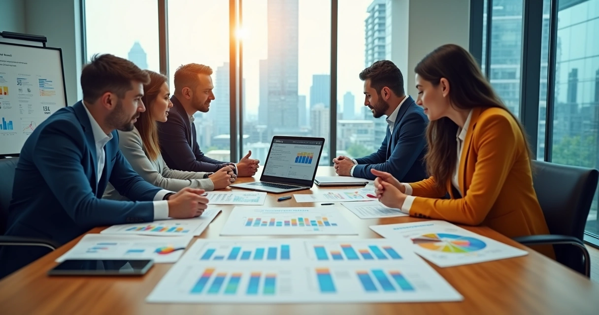 Equipe analisando proposta comercial de vendas em mesa de reunião 