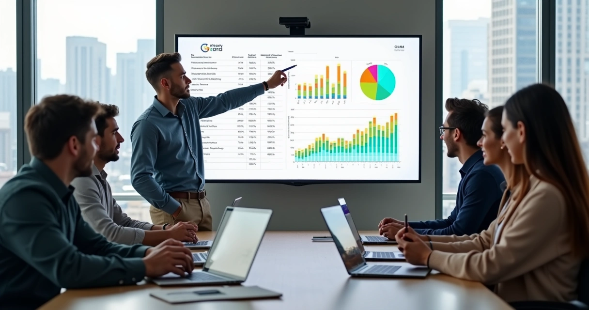 Empreendedores analisando cap table em tela gigante com gráficos de participação societária 