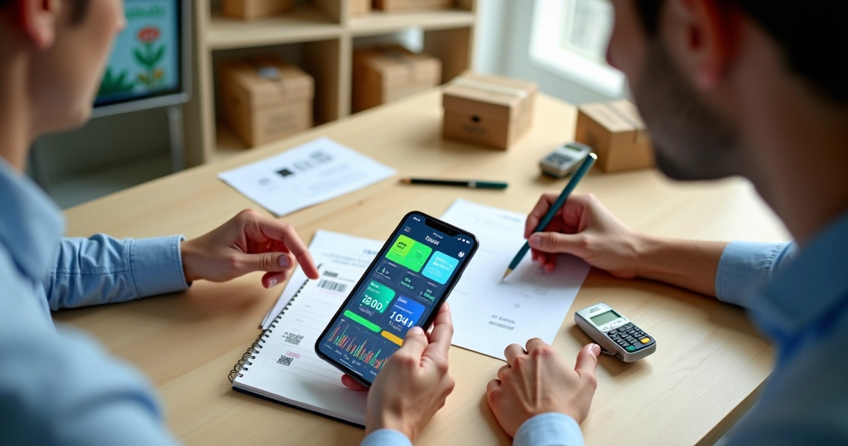 Dois empreendedores conferem vendas em app de gestão no smartphone sobre mesa com itens de estoque 