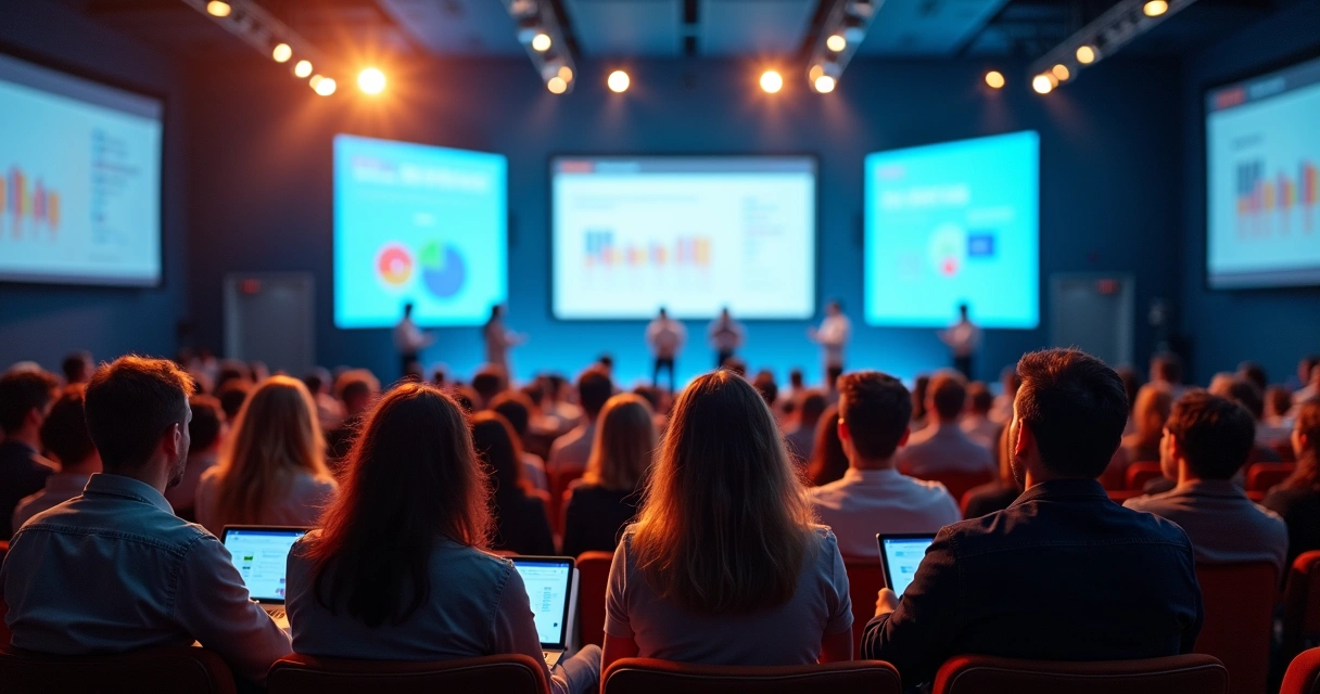 Empreendedores apresentam ideias em auditório moderno 