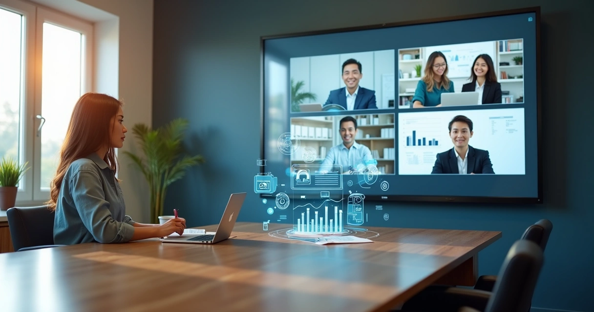 Equipe financeira externa conectada remotamente com pequena empresa via telas digitais 