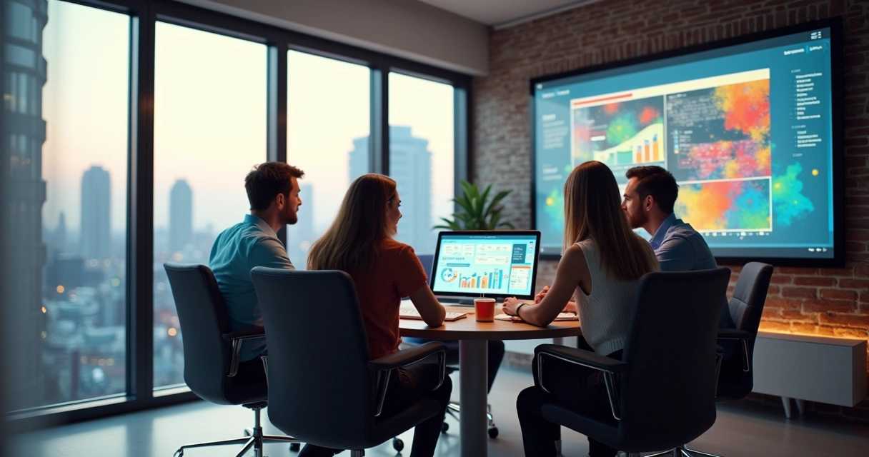 Empreendedores reunidos em escritório moderno com computadores e gráficos digitais 