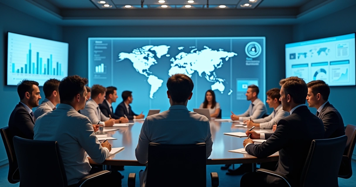 Grupo de gestores públicos analisando painéis digitais em ambiente legislativo 