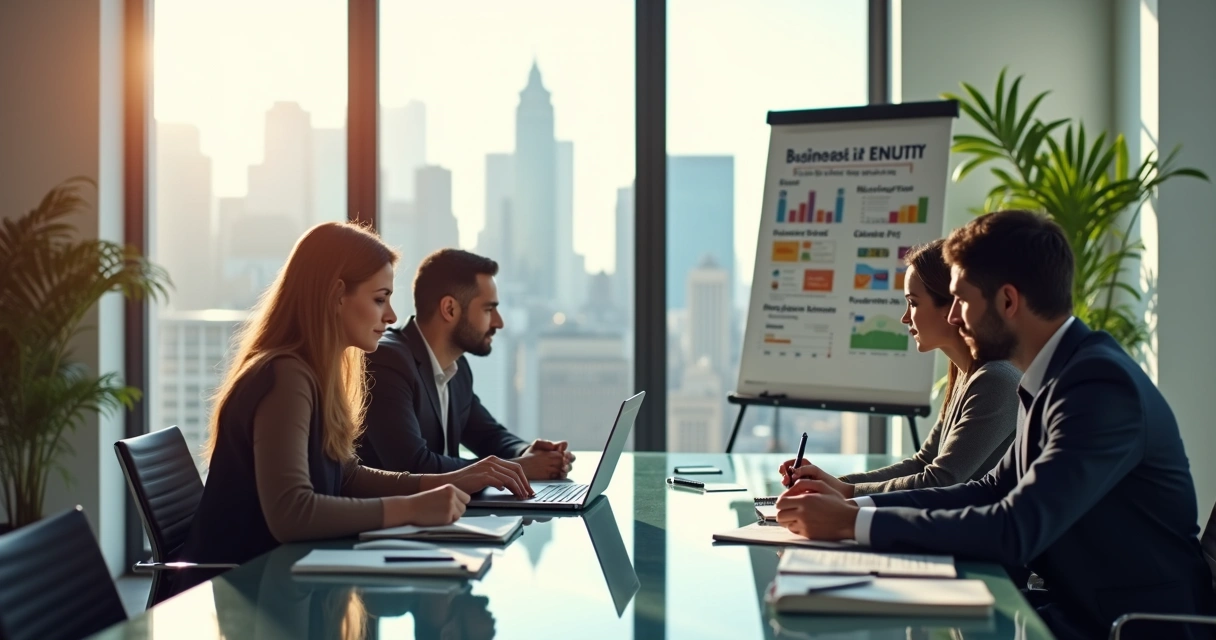 Quatro empresários discutindo estratégias de posicionamento dentro de uma sala moderna de reuniões com gráficos e anotações visíveis 