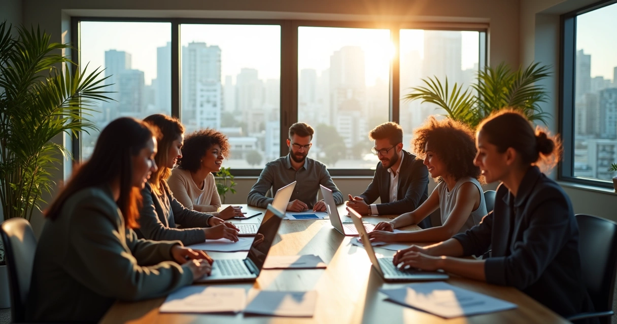 Empreendedores reunidos em sala de reunião moderna 