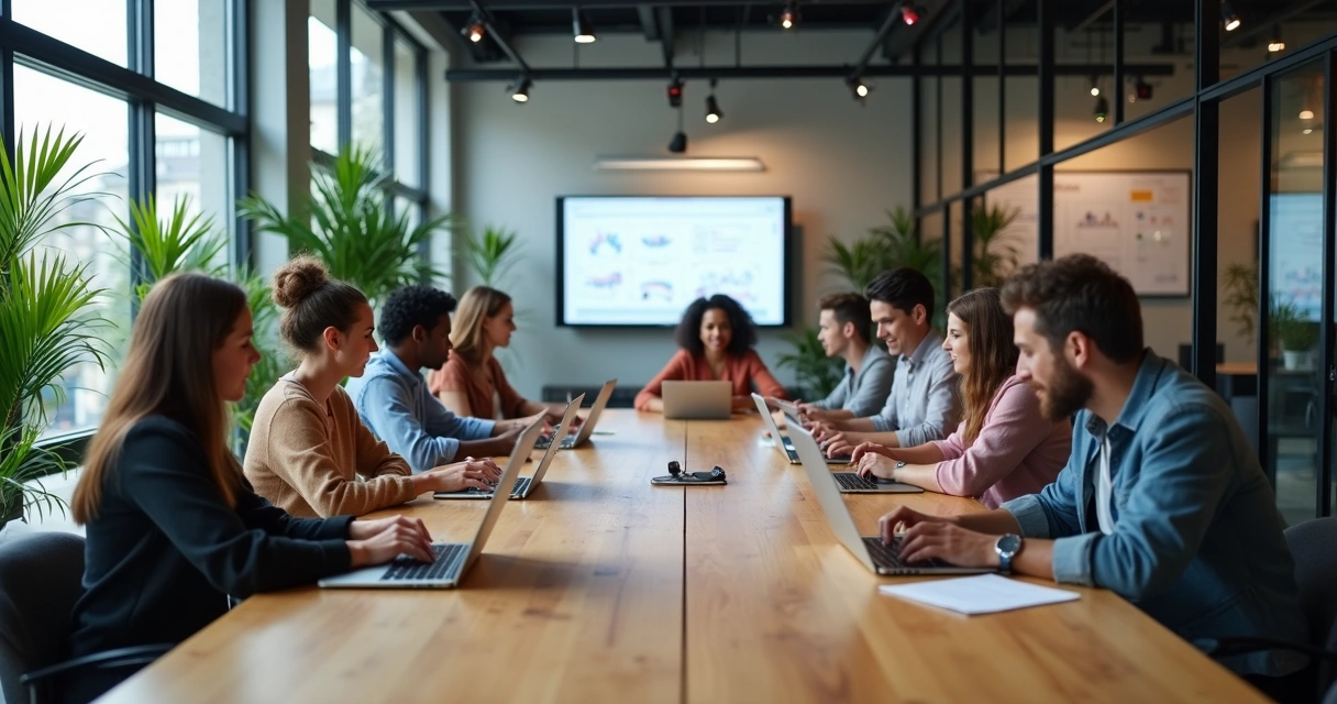 Empreendedores usando notebooks em coworking moderno 