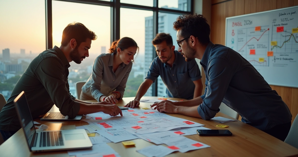 Empreendedores analisando erros em um plano de startup em um escritório moderno 