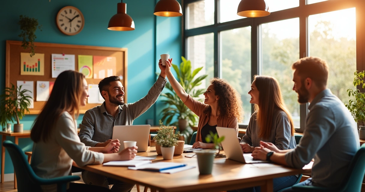 Grupo de empreendedores celebrando crescimento em ambiente de trabalho descontraído 