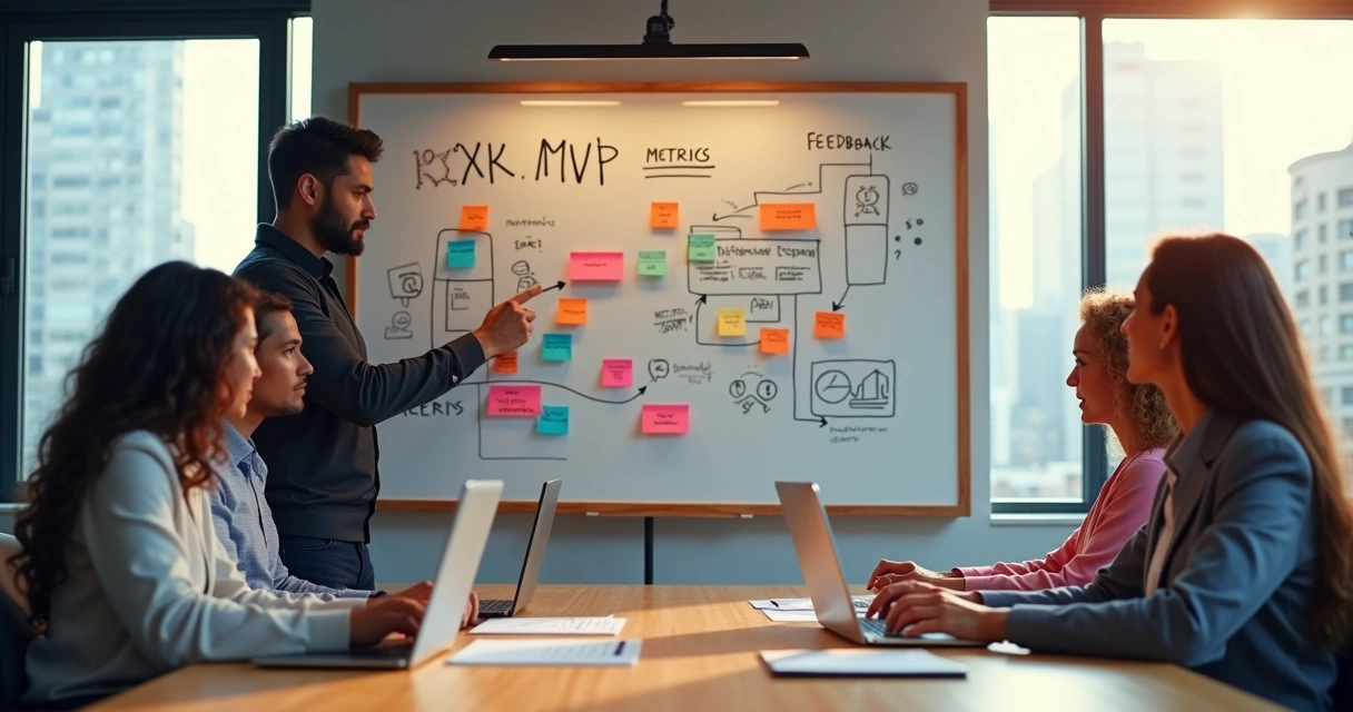 Equipe de empreendedores analisando quadro com fluxo de MVP e validação de ideias 