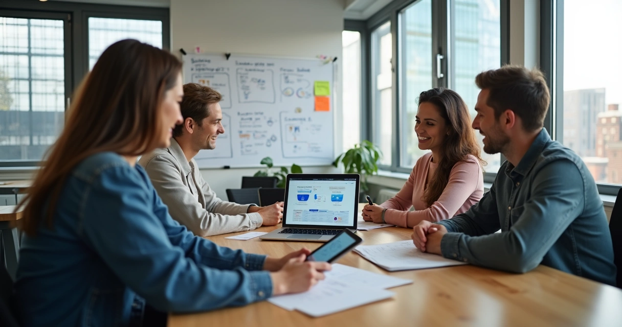Equipe analisando gráficos digitais em escritório moderno para planejar negócios digitais com baixo investimento
