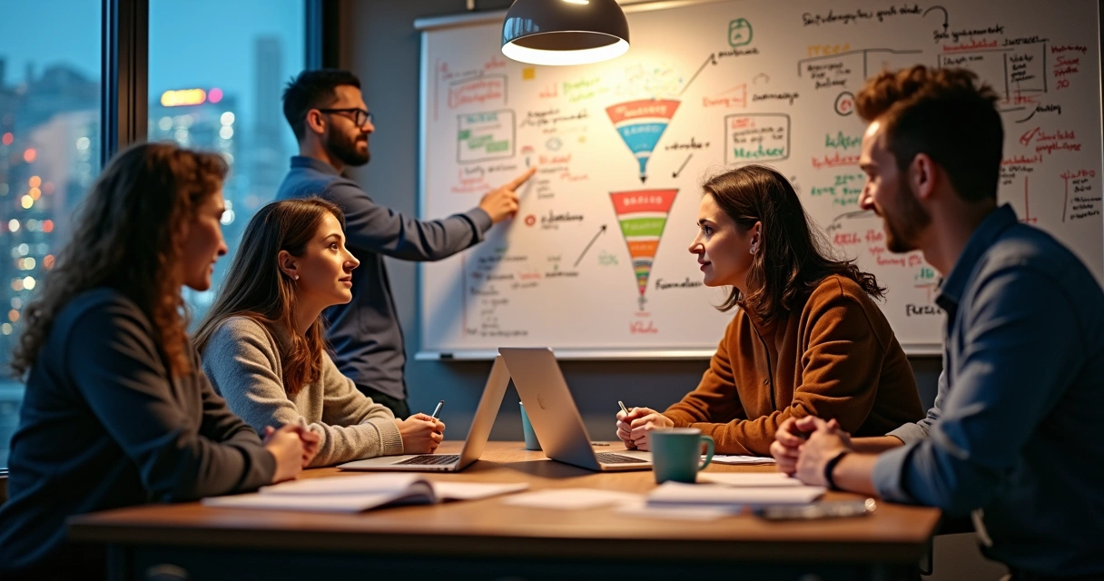 Grupo de empreendedores planejando negócio digital em quadro branco colorido 