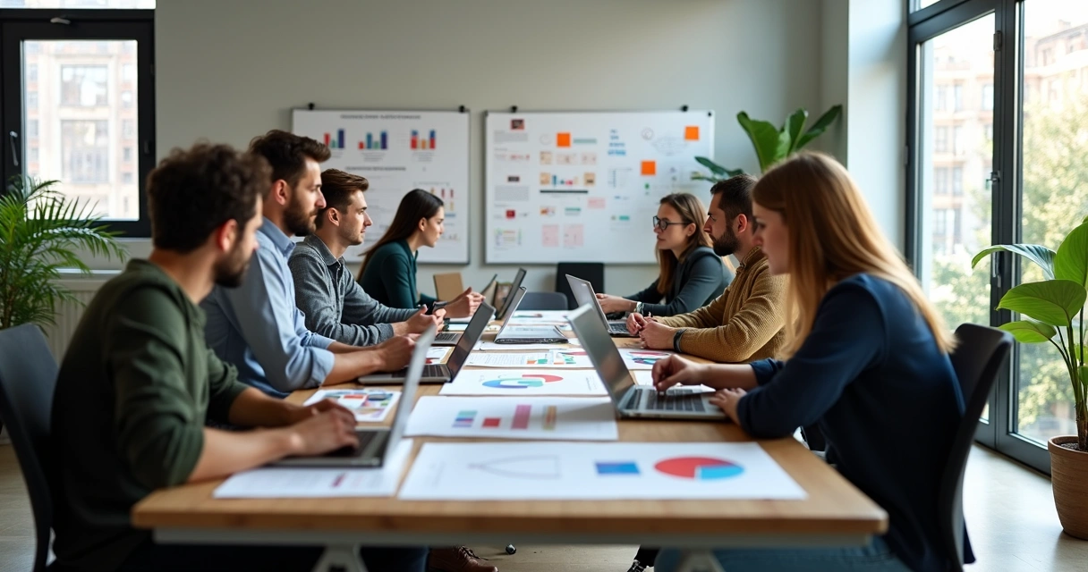 Empreendedores reunidos em reunião formal em sala de incubadora de empresas, com laptop, anotações e gráficos detalhados no fundo 