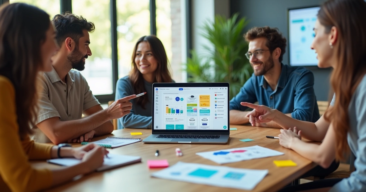 Equipe de empreendedores valida ideia de negócio com protótipo no-code na tela de um laptop 